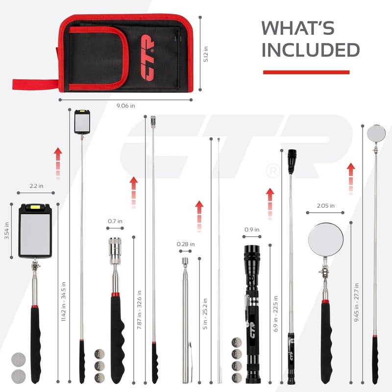 CTR 5PCS Telescoping Magnetic Pickup Tool Kit with Super Bright COB LED Square Inspection Mirror, Flexible Magnet Flashlight, Adjustable Inspection Tool with Long Handle - Best Gadgets Gifts for Men - Image 2